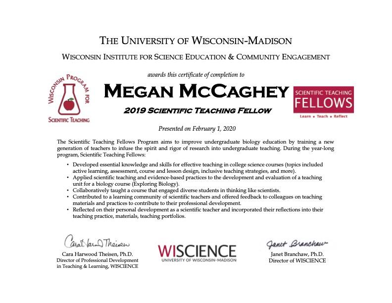 Megan McCaghey WIScience Teaching Fellow Certificate