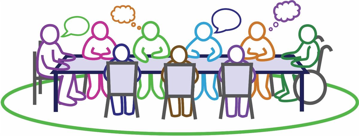 Illustration of people thinking and discussing at a round table